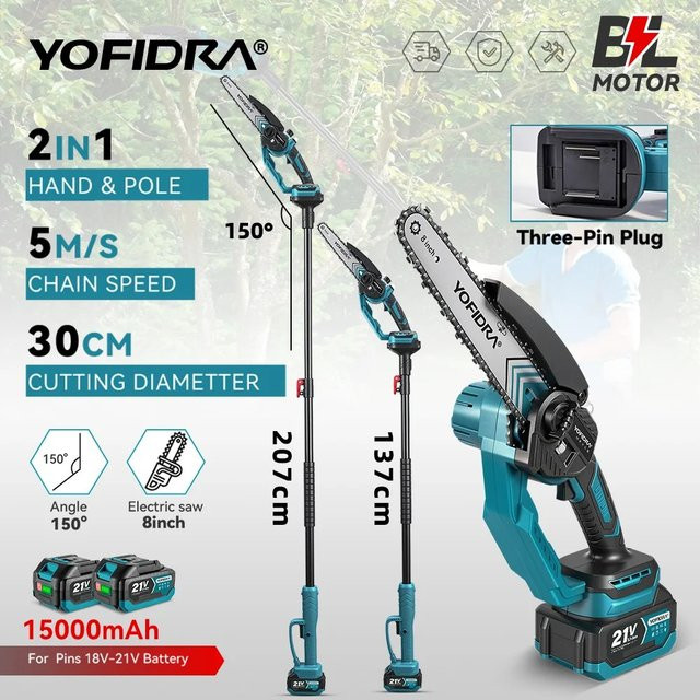 YOFIDRA 8 Zoll Bürstenlose Teleskop-Elektrokettensäge für hohe Äste, kompatibel mit Makita 21V Akku - Bild 1