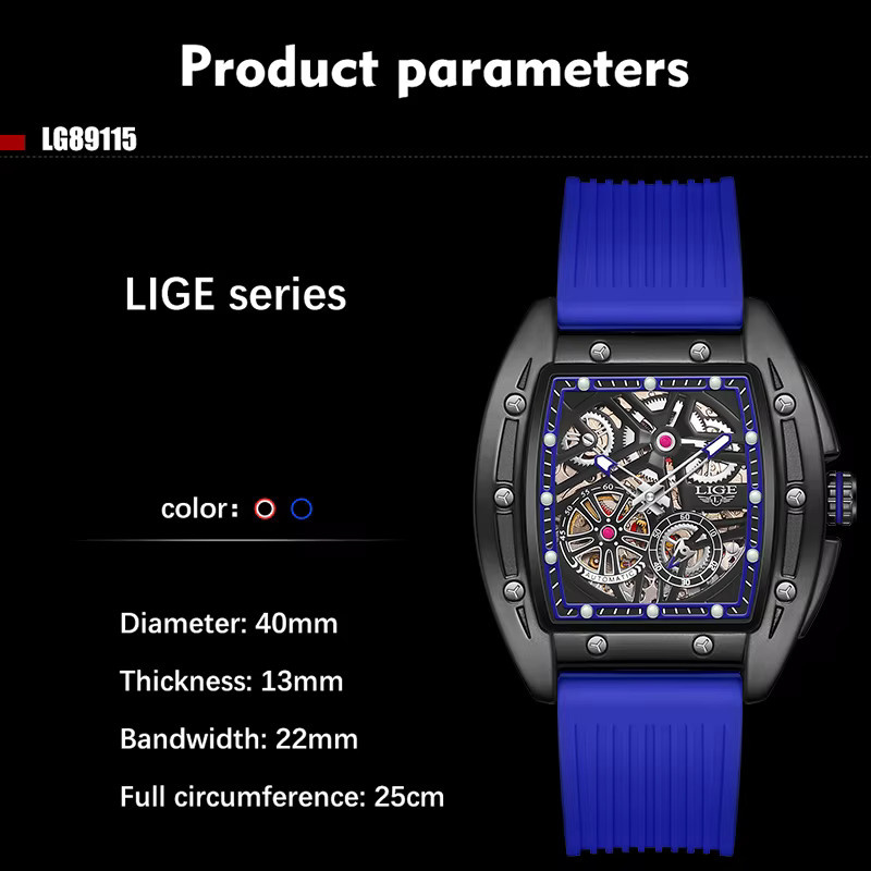 LIGE Armbanduhr Automatik, Eckig, Silikon, Blau, Herren - Bild 3