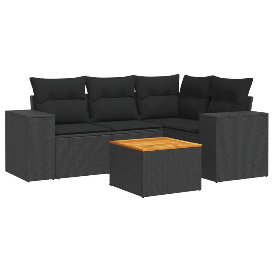 vidaXL 5-teilige Garten-Sofagarnitur mit Kissen aus Poly-Rattan und Akazienholz in Schwarz - Bild 2