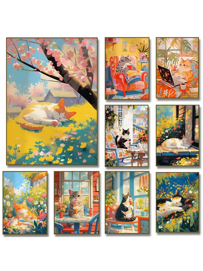 Potdemiel Leinwand Kunstdruck mit weißen Katzen, Blumen und Kaffee für deine Wohnkultur in Mehrfarbig - Bild 2