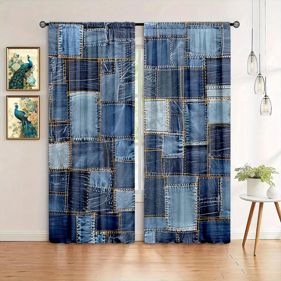2er-Set Jeans Patchwork Vorhang mit Grafikprint, halbtransparent, moderner Stil, B: 107 cm, H: 160 cm - Bild 4
