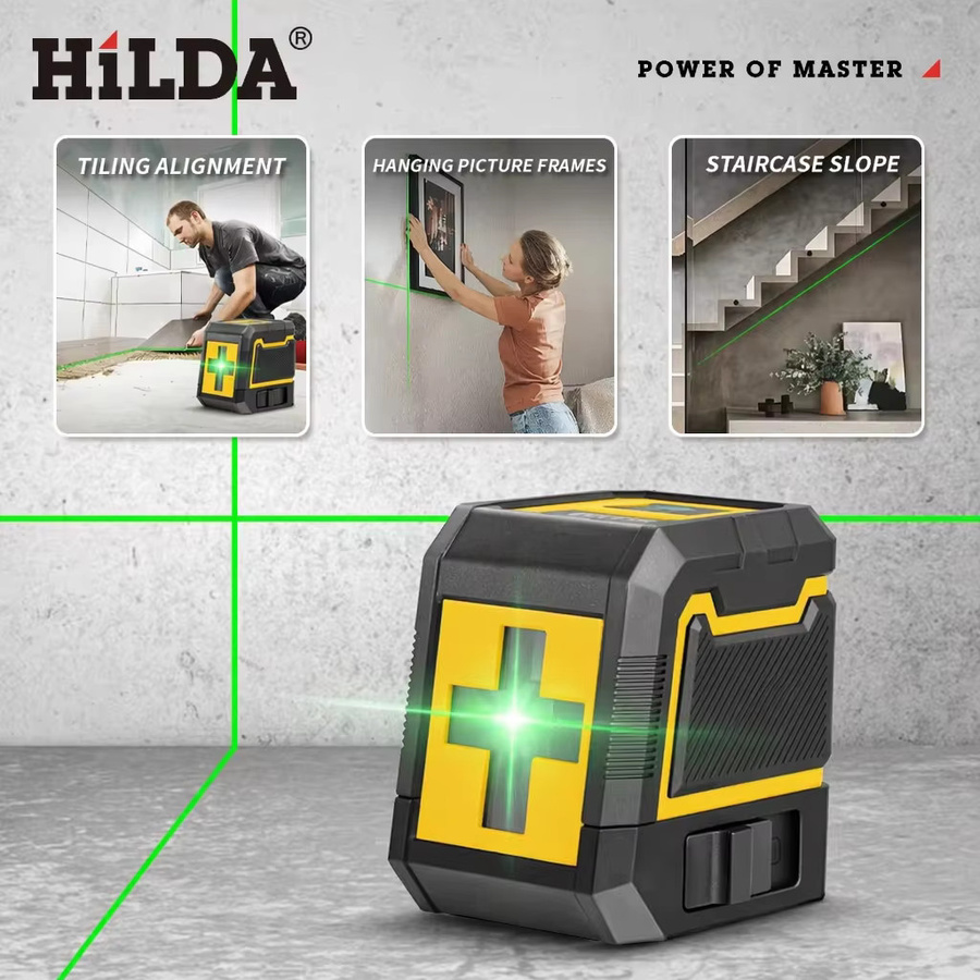 Hilda 2-Linien-Laser-Nivelliergerät mit Stativ, selbstnivellierend, grünes Kreuzlicht, horizontal und vertikal, grün/gelb - Bild 2