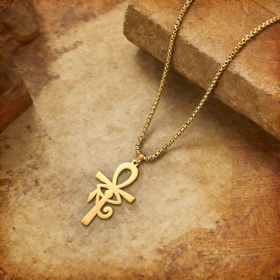Lemegeton Halskette Ankh Auge des Horus, Edelstahl, Gold, Unisex - Bild 2