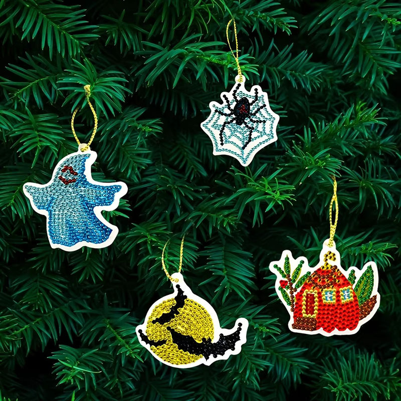 10er Set DIY Diamantmalerei Halloween Anhänger mit Kürbis, Spinne und Geist als Mosaik-Ornament in Mehrfarbig - Bild 4