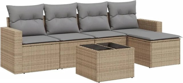vidaXL 6-teilige Garten-Sofagarnitur aus Polyrattan in Beige mit Kissen und Metallrahmen - Bild 1