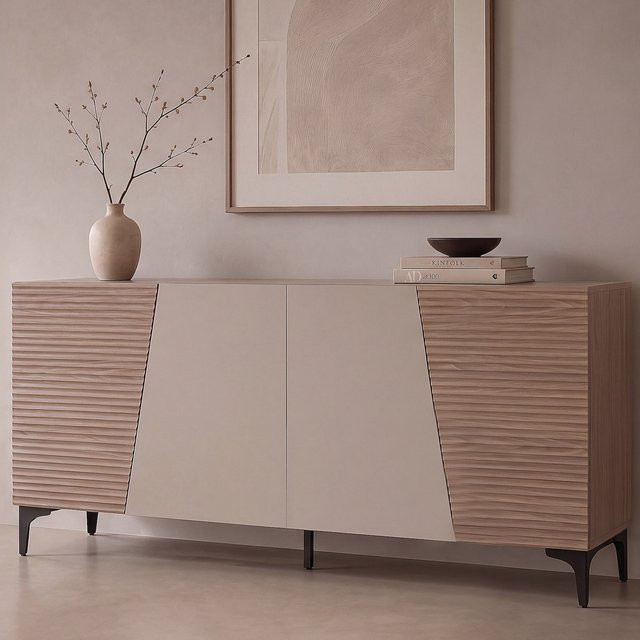 Sideboard MCW-Q83 Kommode mit 3D-Struktur und Staufächern in Nussbaum-Optik hell, B/T/H: 160 x 42 x 80 cm - Bild 1
