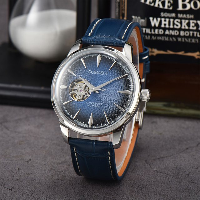 Oumashi Armbanduhr Automatik, Edelstahl, Leder, Blau, Herren - Bild 1