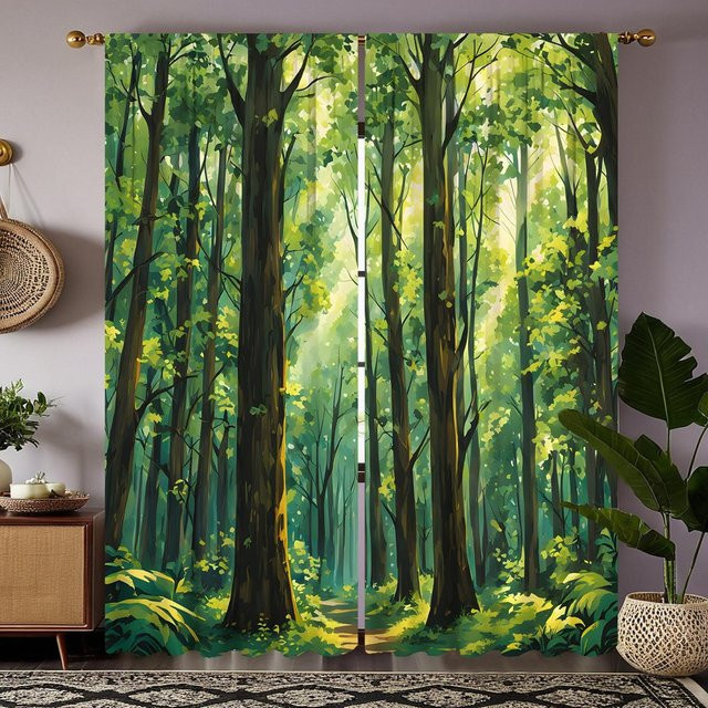2er-Set dekorative Vorhänge mit grünem Wald-Motiv, semi-transparent, Farbe: Grün, B: 132 cm, H: 213 cm - Bild 1