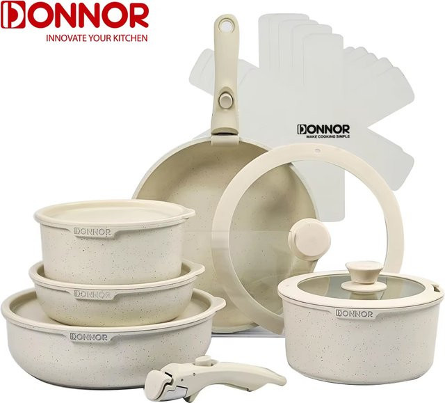 Donnor 17-teiliges Kochgeschirr-Set aus Aluminium mit Antihaftbeschichtung und abnehmbarem Griff in Weiß, Induktionsgeeignet - Bild 1