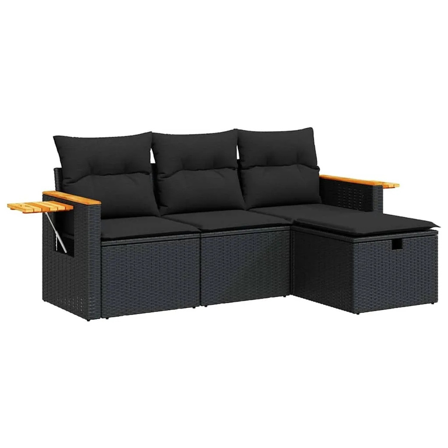 vidaXL 4-tlg Garten-Sofagarnitur aus Polyrattan und Akazienholz in Schwarz mit Kissen und Stauraum - Bild 2