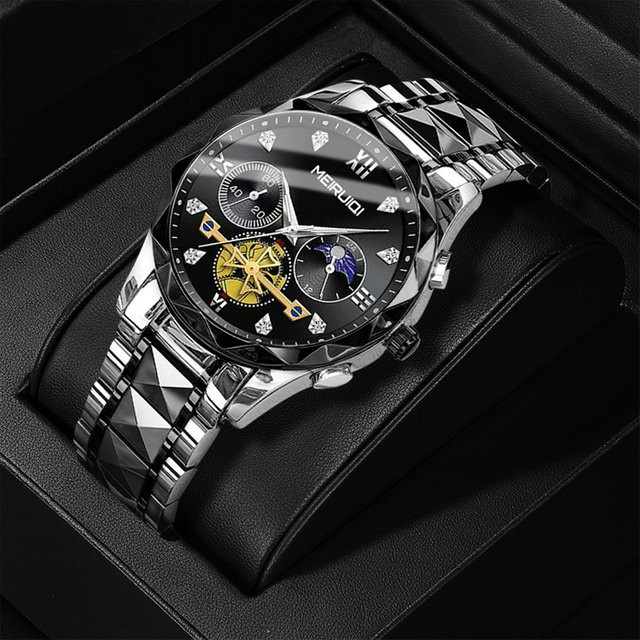 MEIRUIQI Armbanduhr Quarz, Edelstahl, Schwarz, Herren - Bild 1