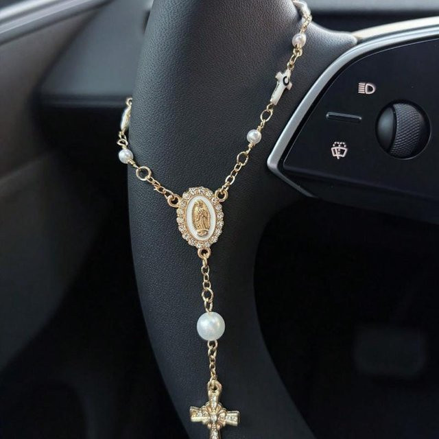 Rosenkranz Auto Anhänger, Rosa Perlenkreuz, Unisex - Bild 1