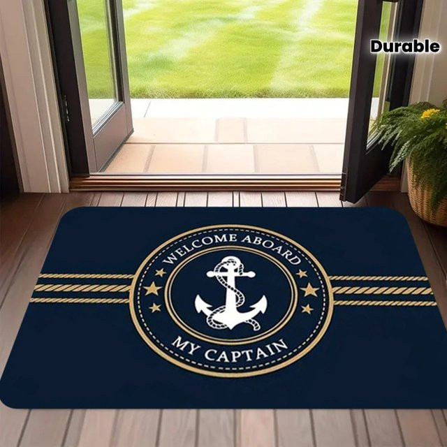 VIKAMA Nautische Anker-Fußmatte Welcome Aboard My Captain, rutschfester und waschbarer Eingangsteppich in Marineblau, B/T: 80 x 50 cm - Bild 1