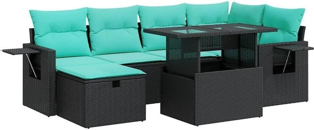 vidaXL 7-teilige Garten-Sofagarnitur in L-Form aus Poly Rattan und Akazie mit grauen Kissen - Bild 1