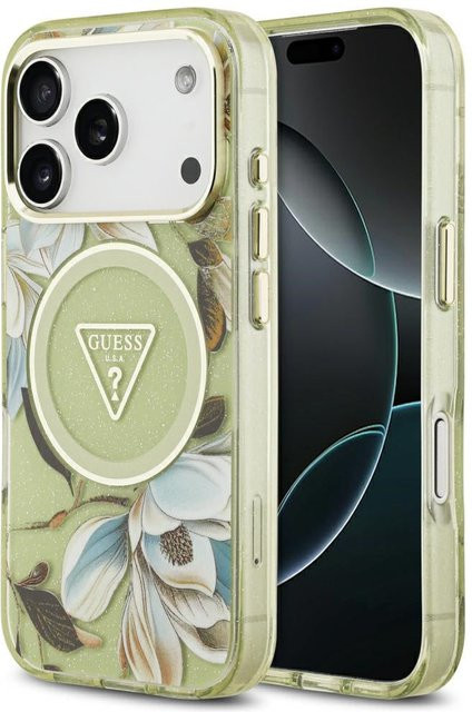 Guess MagSafe-Hülle für Apple iPhone 18 Pro und iPhone 17 Pro, IML Metal Glitter Flowers Triangle, Grün - Bild 1