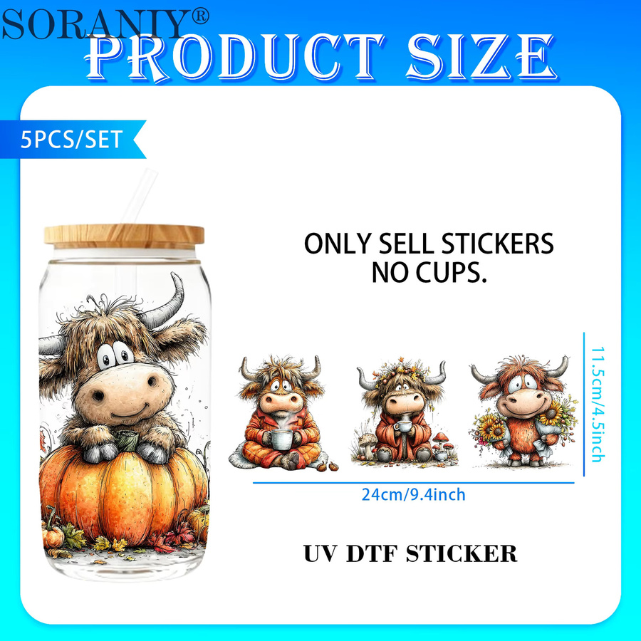 5er Set UV DTF DIY Transferaufkleber Herbst Highland Kuh Camping Motiv, Mehrfarbig - Bild 2
