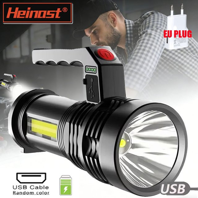 Heinast Tragbare LED COB Taschenlampe mit USB-Ladefunktion, Wasserdicht, Schwarz - Bild 1