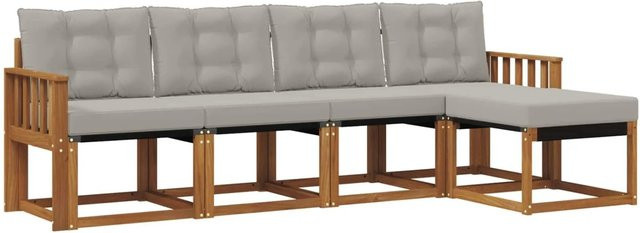 vidaXL Outdoor-Sofagarnitur 5-teilig aus Akazienholz und Textilene in Natur und Grau mit Kissen - Bild 1