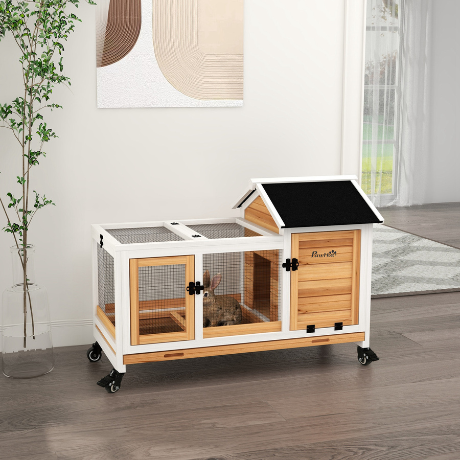 PawHut Kaninchenkäfig aus Holz auf Rollen, mobiler Kleintierstall in Gelb und Weiß, B/T/H: 108 x 58 x 73,5 cm - Bild 2