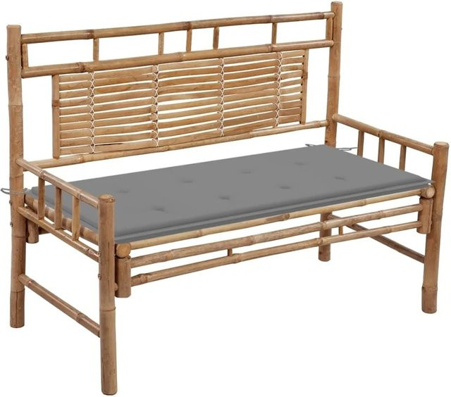 furnicato Gartenbank aus Bambus mit grauen Auflagen, Breite: 120 cm - Bild 1