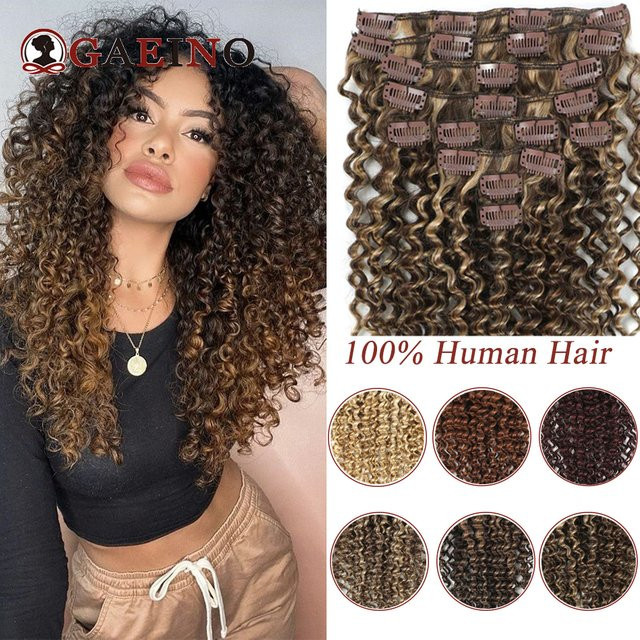GAEINO Kinky Curly Clip-In Haarverlängerungen Echthaar, 140-160 g, Kastanienbraun & Bronzblond Mix - Bild 1