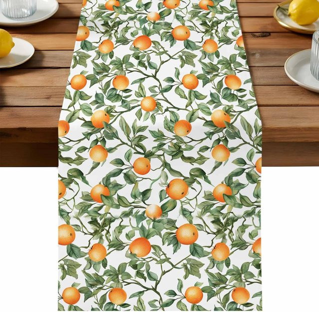 JMG Household Supplies Tischläufer aus Leinen mit Sommer Orange Aquarell Blätter Motiv, Beige, B: 150 cm, T: 33 cm - Bild 1
