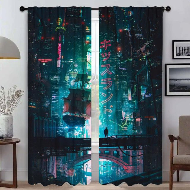 2er-Set Japanische Küchenvorhänge mit Neon 3D Design, halbtransparente Tüll-Vorhänge für Wohnzimmer und Schlafzimmer, Mehrfarbig, Breite: 50 cm, Höhe: 70 cm - Bild 1