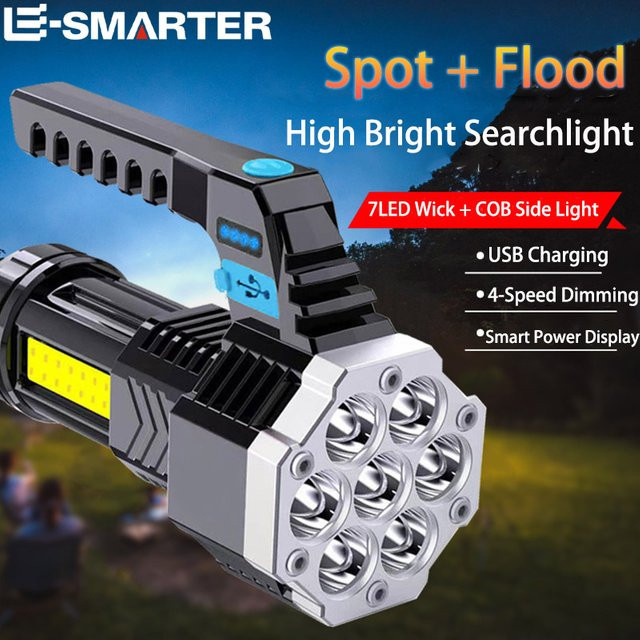 ESMARTER Wiederaufladbare LED-Taschenlampe mit 7 LEDs und COB-Seitenlicht in Schwarz - Bild 1