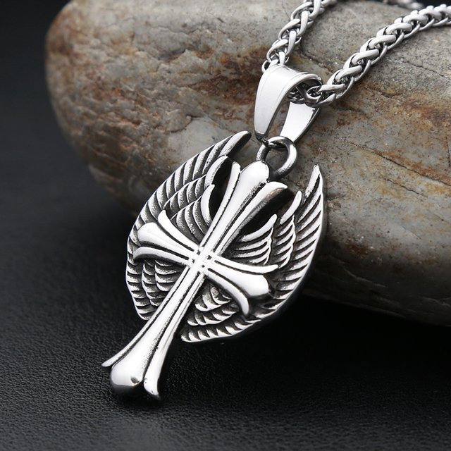 NORTHMAN Halskette, Kreuz mit Engelsflügeln, Edelstahl, Silber, Unisex - Bild 1