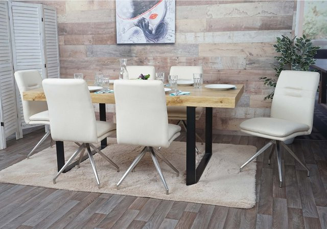 6er-Set MCW Esszimmerstühle H70 in Beige mit Stoffbezug und Edelstahlgestell - Bild 1