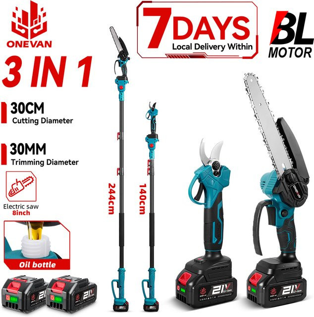 ONEVAN 3-in-1 Bürstenlose Elektrische Hochastsäge und -schere mit 8-Zoll-Kettensäge für Makita 18V Akku, Multicolor - Bild 1