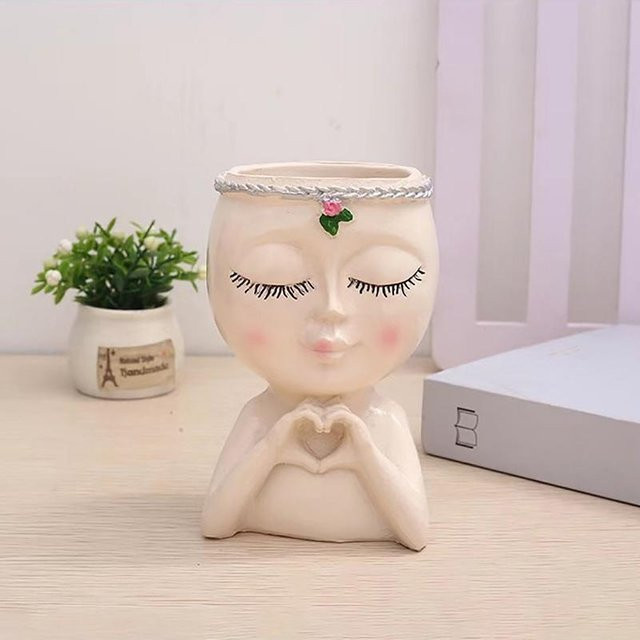 Houspace Blumentopf in Gesichtsform als Mädchen-Figur aus Kunstharz, weißer Übertopf für Sukkulenten und Deko-Ornament für Schreibtisch und Büro - Bild 1