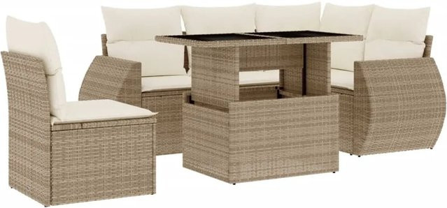 vidaXL 6-teilige Garten-Sofagarnitur in L-Form aus Poly-Rattan mit Kissen in Beige-Creme - Bild 1
