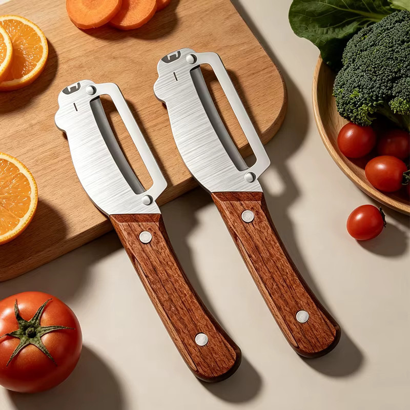 Multifunktionaler WXCOO Küchenschäler mit Holzgriff in Braun für Obst, Gemüse und Kürbis - Bild 2