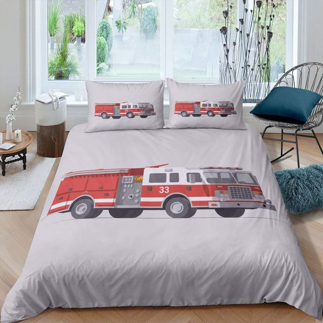 Binchi Outdoor Product Bettwäsche-Set mit Feuerwehrauto-Muster für Kinder, King-Size, Grau, B/H: 264 x 228 cm - Bild 1
