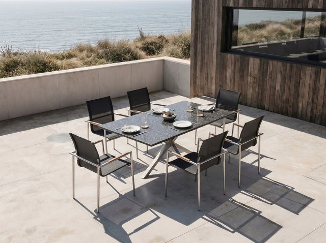 OUTFLEXX Garten-Essgruppe für 6 Personen in Grau und Anthrazit mit Granit-Tisch und Teak-Elementen, Tisch B: 200 cm, T: 100 cm, H: 75 cm - Bild 1