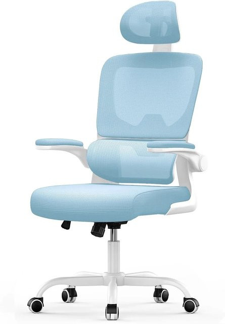 Rattantree Ergonomischer Drehstuhl in Blau mit Kopfstütze, Klapparmlehnen und Wippfunktion aus Netzgewebe und Aluminium - Bild 1