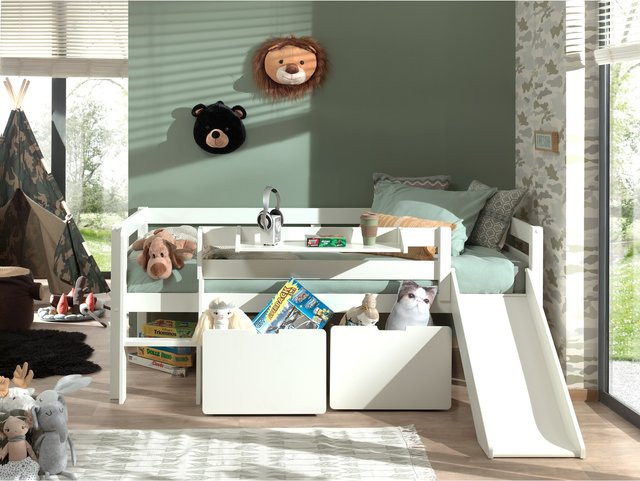 Vipack Kojen-Spielbett für Kinder in Weiß, Kiefer und MDF mit Rutsche, Leiter, Regal, Rolllattenrost und 2 Schubkästen, Liegefläche: 90 x 200 cm - Bild 1