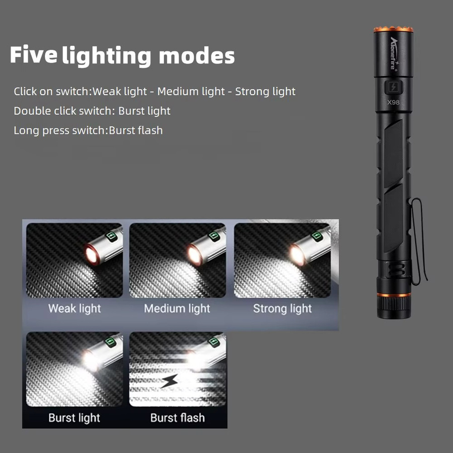 Alonefire Zoom Mini EDC Stiftlicht Taschenlampe mit LED, USB wiederaufladbar und Magnet, Schwarz - Bild 5