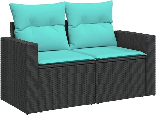 vidaXL 7-teilige Garten-Sofagarnitur in L-Form aus schwarzem Poly-Rattan mit Kissen und Akazienholz - Bild 1
