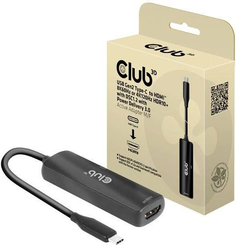 Club3D USB-C auf HDMI Adapter in Schwarz, unterstützt 8K 60 Hz und 4K 120 Hz mit Power Delivery 3.0 und DSC 1.2, Länge: 17 cm - Bild 1