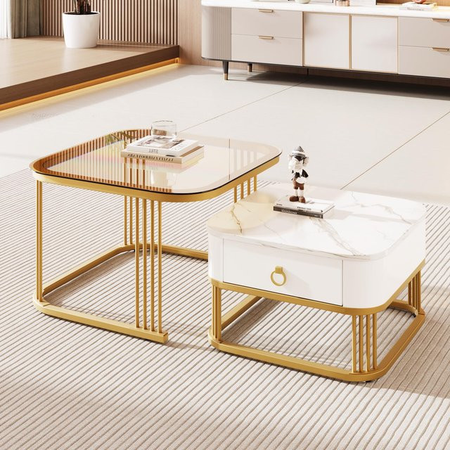Flieks Nesting Set Couchtisch 2er Set mit Marmoroptik und Glasplatte in Weiß/Braun - Bild 1