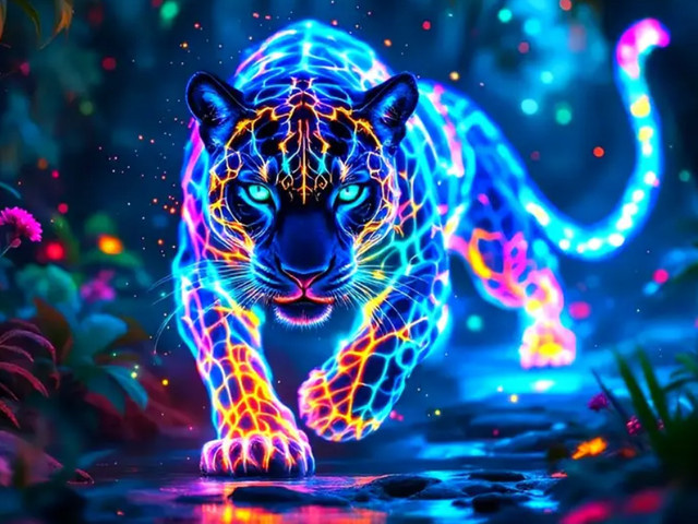 YUTTEE 5D DIY Diamantmalerei Leuchtender Leopard als Mosaik-Kreuzstich in Multicolour für moderne Wandkunst - Bild 1