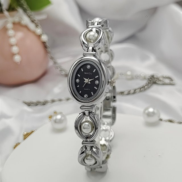 Dai Lanfu Armbanduhr, Quarz, Ovales Zifferblatt, Perlenbesetzt, Edelstahl, Grau, Damen - Bild 1