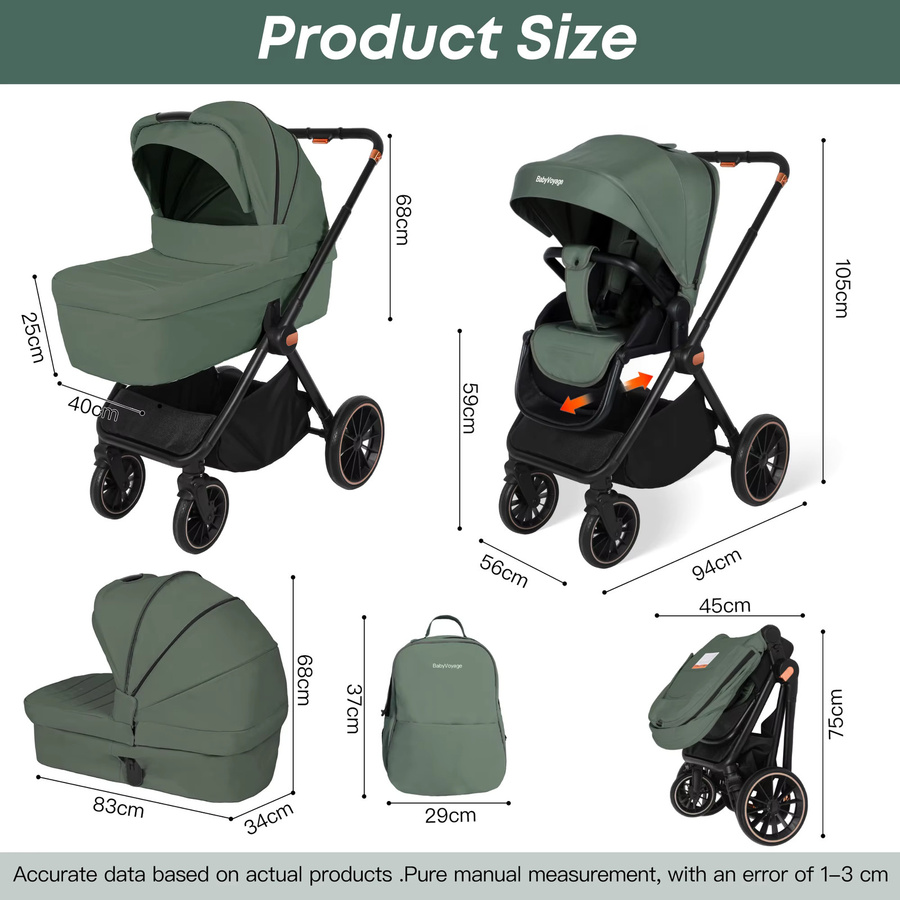 BabyVoyage 2-in-1 Kombi-Kinderwagen mit zwei-Wege-Sitz und faltbarer Funktion in Schwarz und Grün - Bild 2