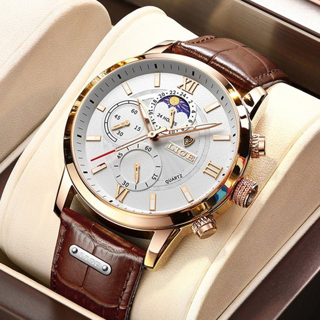 LIGE Armbanduhr Chronograph, Quarz, Leder, Braun, Herren - Bild 1