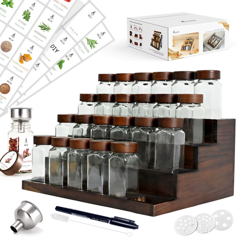 SAEIV Gewürzflaschen-Set aus Glas mit Gewürzregal aus Acacia-Holz, transparent und braun, inklusive Etiketten, 120 ml pro Flasche - Bild 8