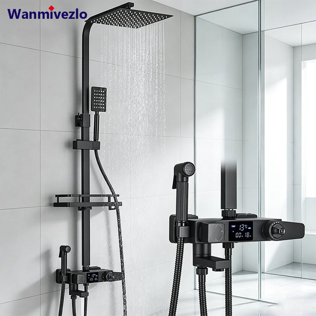 Wanmivezlo Thermostatisches Duschsystem in Matt Schwarz mit LED-Digitalanzeige, Quadratischem Regenduschkopf, Handbrause und Bidet-Sprühgerät, Wandmontiertes Duscharmaturen-Set mit Ablage - Bild 1