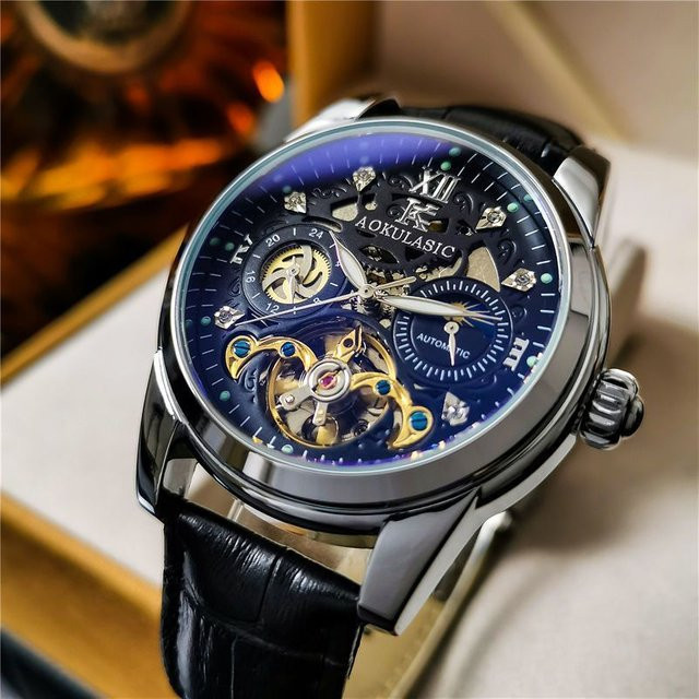 AOKULASIC Armbanduhr Automatik, Leder, Blau, Silber, Herren - Bild 1