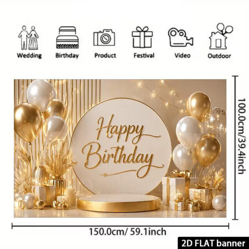 Xinghonghui Happy Birthday Hintergrundbanner in Beige und Gold, Party-Dekoration aus Polyester, B: 120 cm, H: 80 cm - Bild 2
